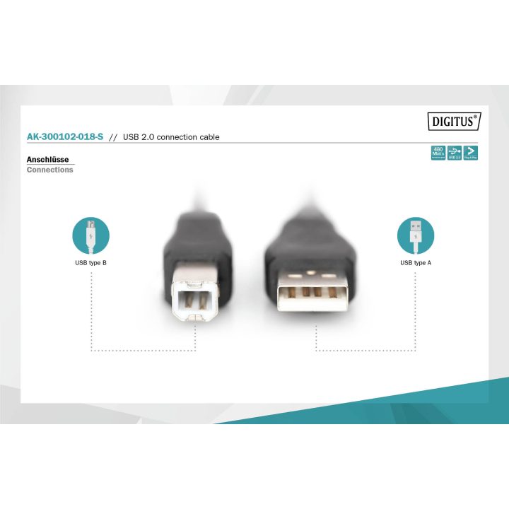 Cabo USB Digitus AK-300102-018-S USB 2.0 USB A USB B 0,48 Gbit/s Preto