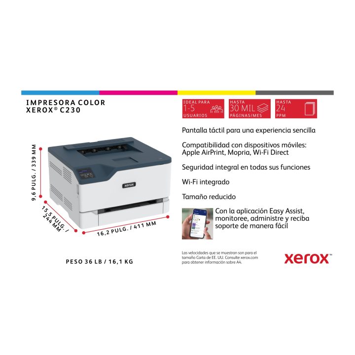 Xerox C230 A4 22 ppm Impresora inalámbrica a doble cara PS3 PCL5e6 2…