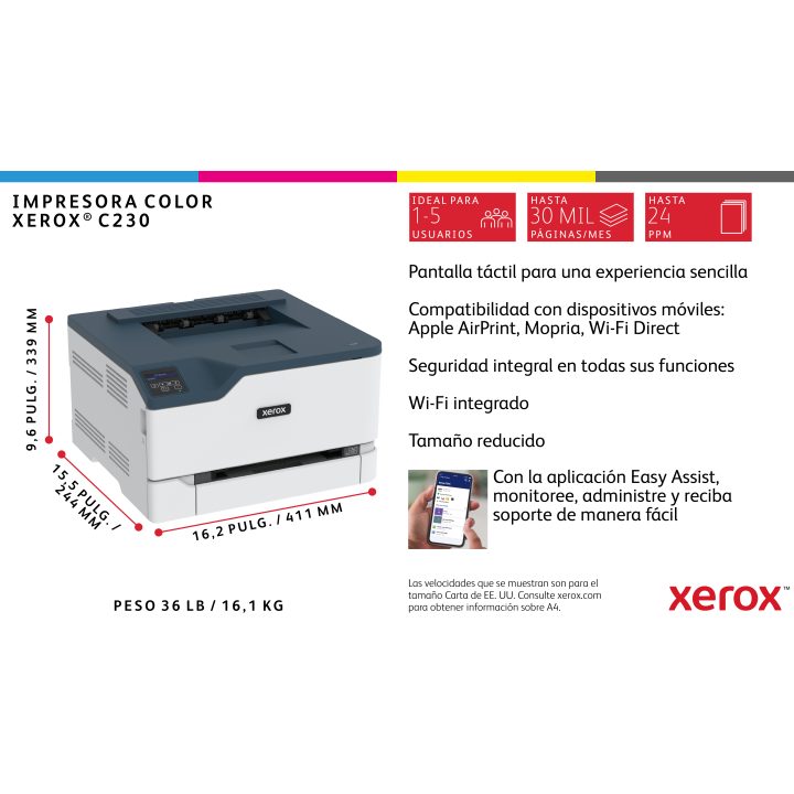 Xerox C230 A4 22 ppm Wireless Duplex Printer PS3 PCL5e6 2 Trays Total…