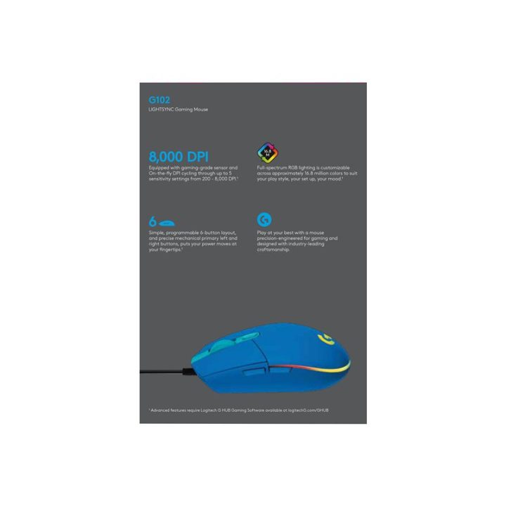 Logitech G102 LIGHTSYNC Blue Gaming Mouse 8,000 DPI 6 Buttons…