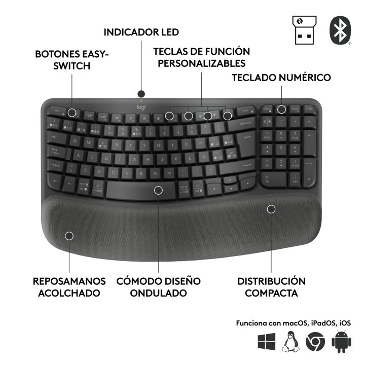 Logitech Wave Keys for Business, teclado ergonómico sem fios com…