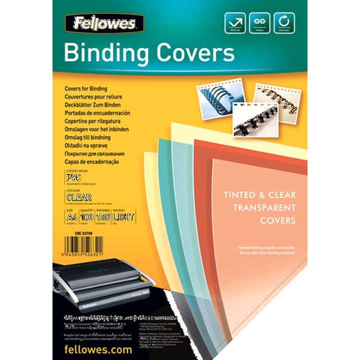 Pack of 100 Clear PVC Crystal Covers 180 Microns A4 Fellowes 5375901