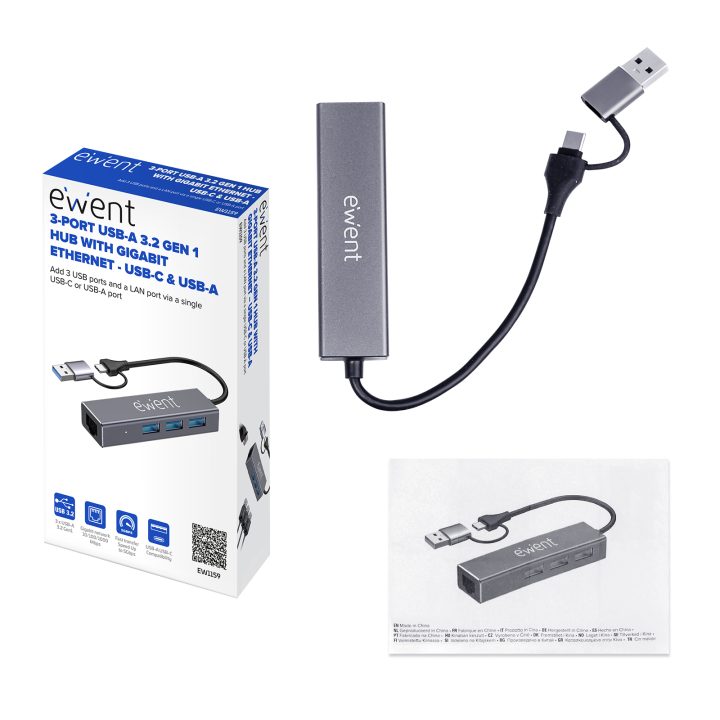 Hub de interface Ewent EW1159 USB 3.2 Gen 1 (3.1 Gen 1) Type-A +…