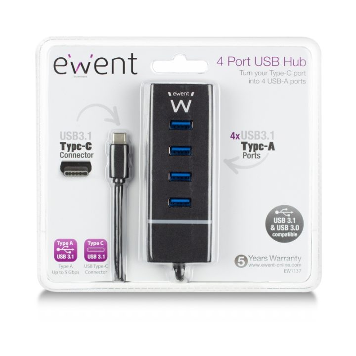 Ewent EW1137 hub de interfaz USB 3.2 Gen 1 (3.1 Gen 1) Type-C 5000…