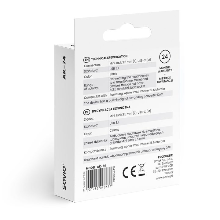 Savio AK-74 USB-C to 3.5 mm jack adapter (SAVAK-74)