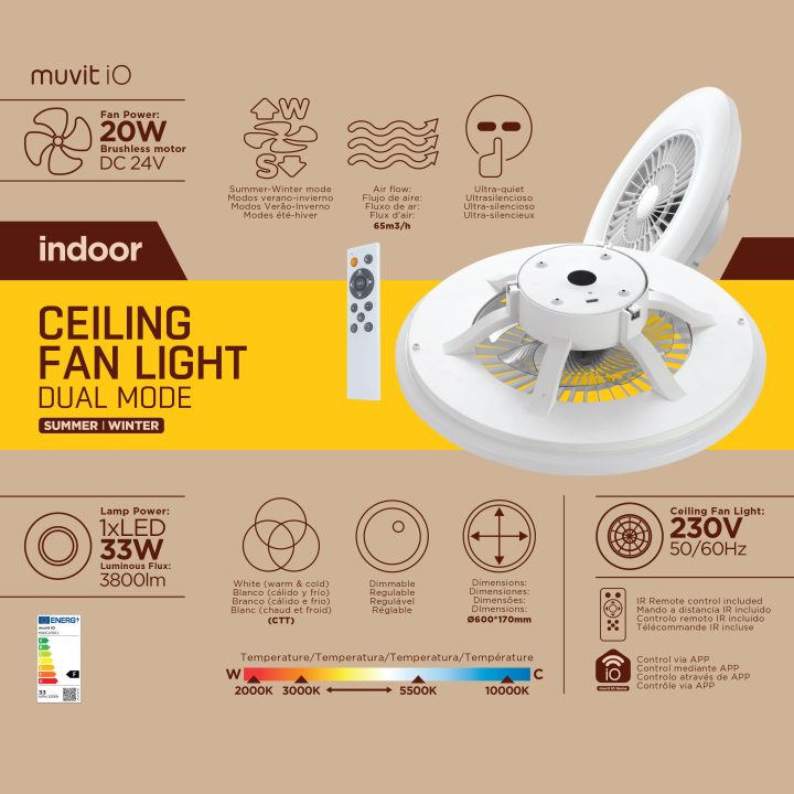 Lâmpada de teto Muvit io Wi-Fi 40W branca + ventilador 20W (323115-2)