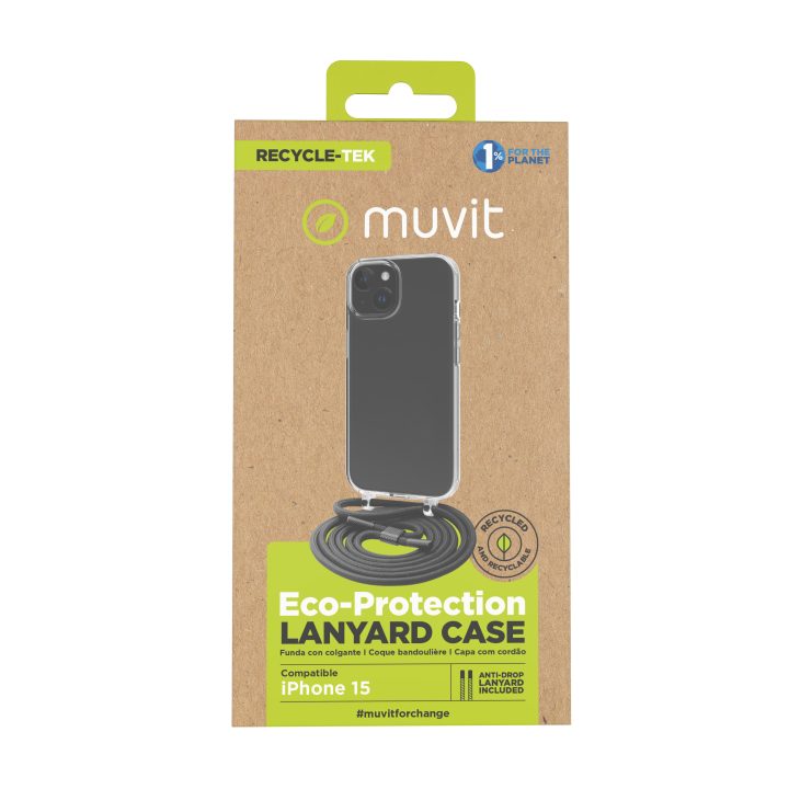 Muvit recycletek Case for Apple iPhone 15 Transparent + Black Lanyard…