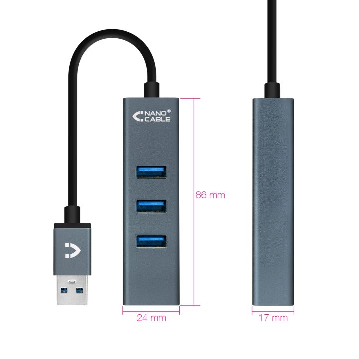 Nanocable USB 3.0 4xUSB3.0. USB-A/M-USB 3.0/H, Gris, 10 cm