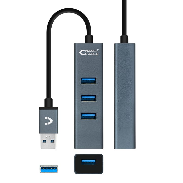 Nanocable USB 3.0 4xUSB3.0. USB-A/M-USB 3.0/H, Cinzento, 10 cm