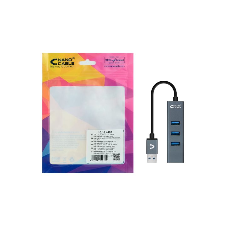 Nanocable USB 3.0 4xUSB3.0. USB-A/M-USB 3.0/H, Cinzento, 10 cm