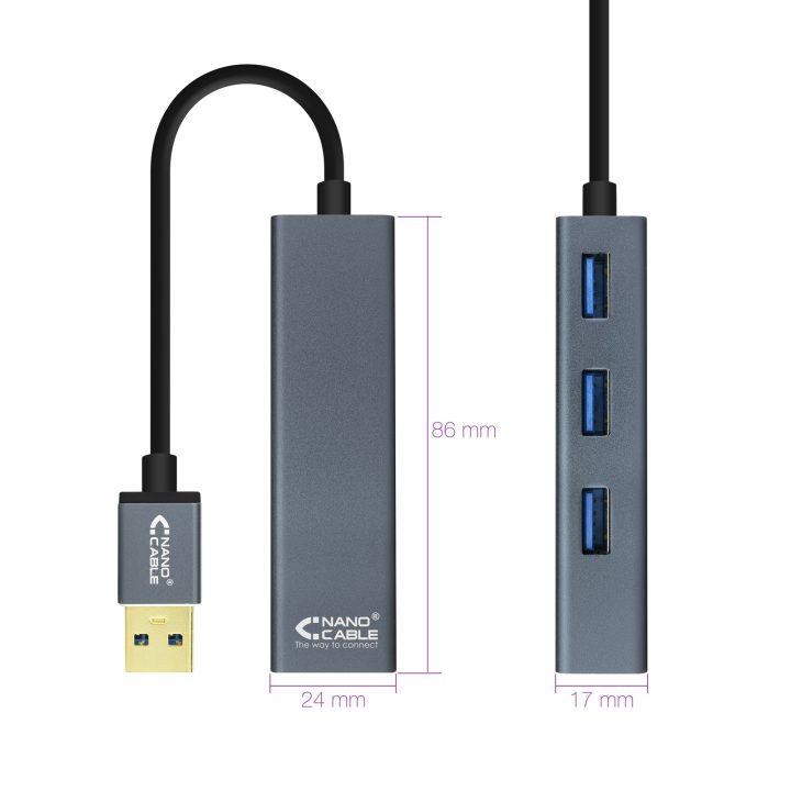 Nanocable USB 3.0 4xUSB3.0. USB-A/M-USB 3.0/H, Cinzento, 10 cm
