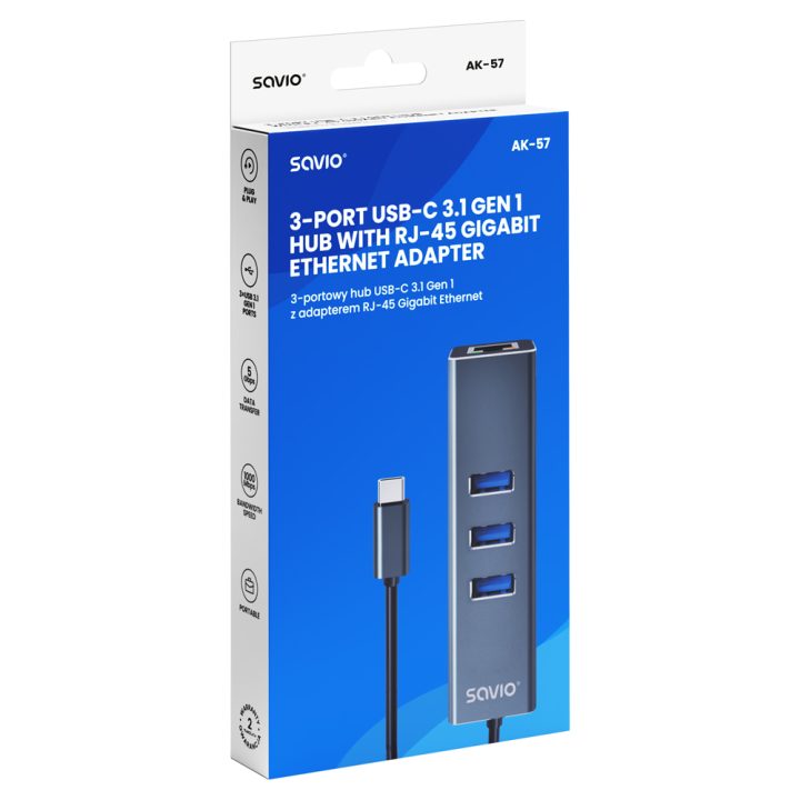 Hub savio USB(c) - 3 x USB(a) 3.1 + 1 x RJ45 (SAVAK-57)