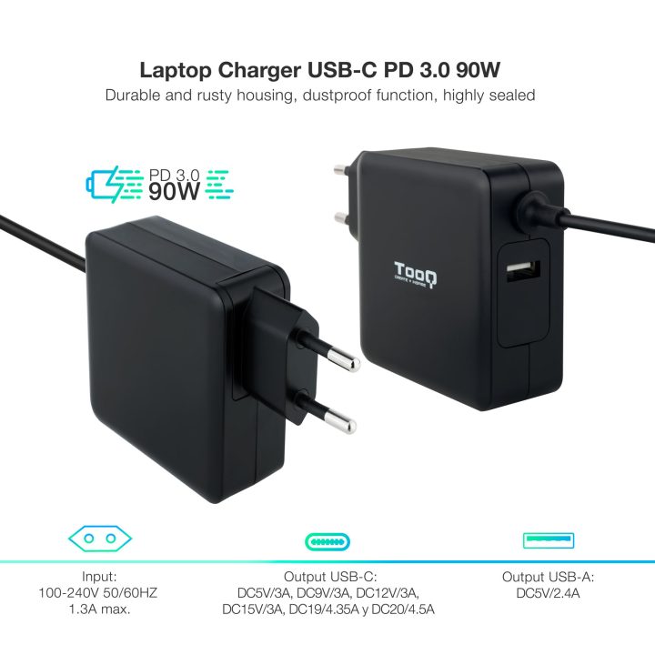 TooQ TQLC-USBC90PD adaptador e inversor de corrente Auto 90 W Preto