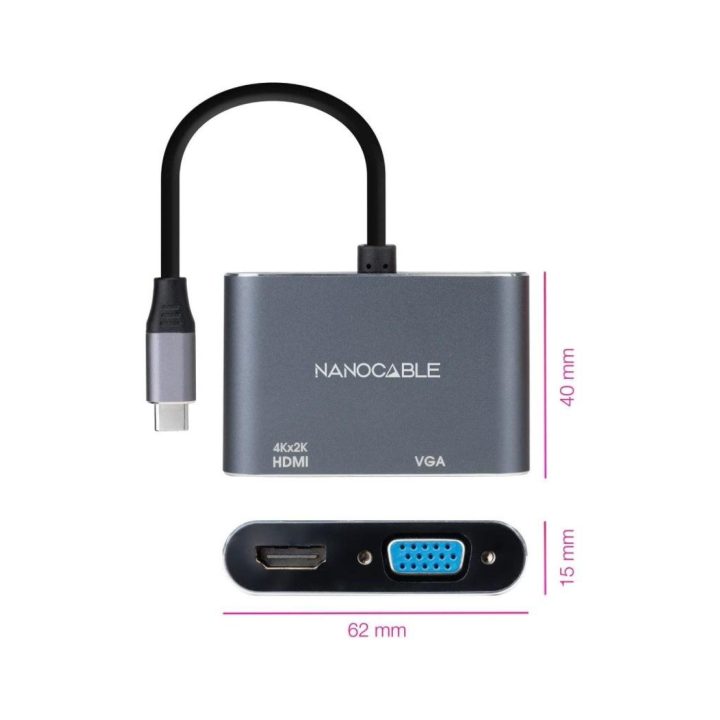 Nanocable Conversor USB-C para HDMI/VGA 15 cm, Cinzento