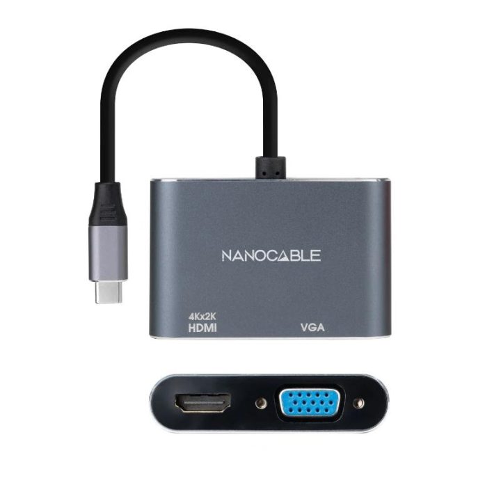 Nanocable Conversor USB-C a HDMI/VGA 15 cm, Gris