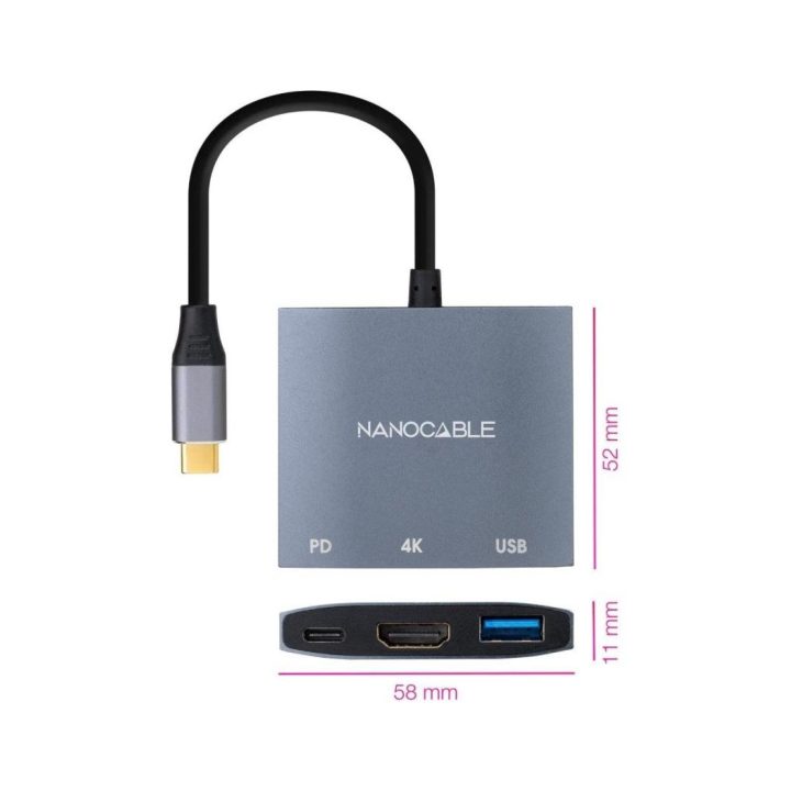 Nanocable Conversor USB-C a HDMI/USB3.0/USB-C PD, 15 cm, Cinzento