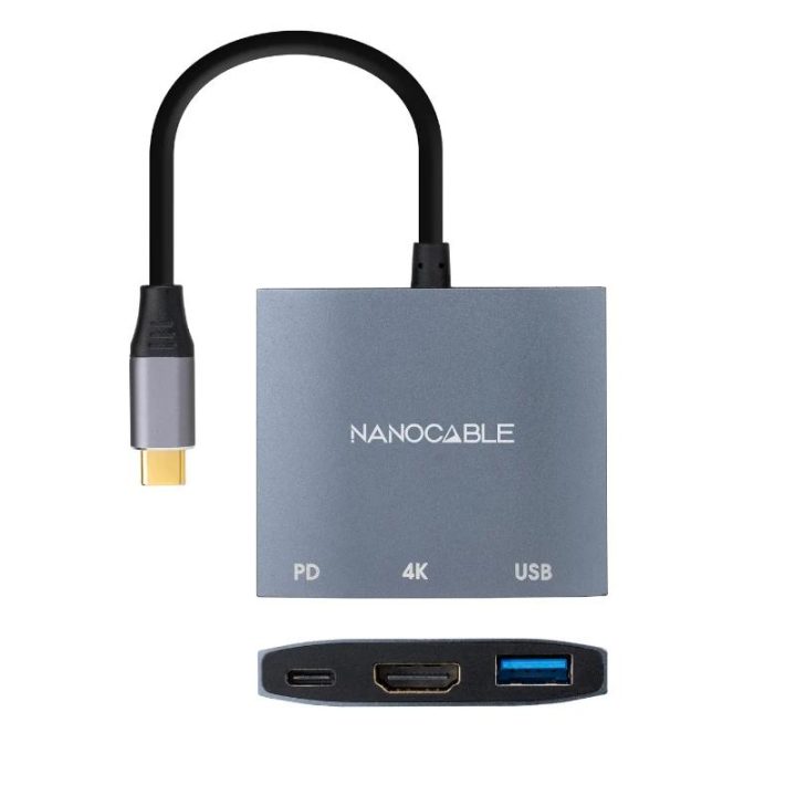 Nanocable Conversor USB-C a HDMI/USB3.0/USB-C PD, 15 cm, Cinzento