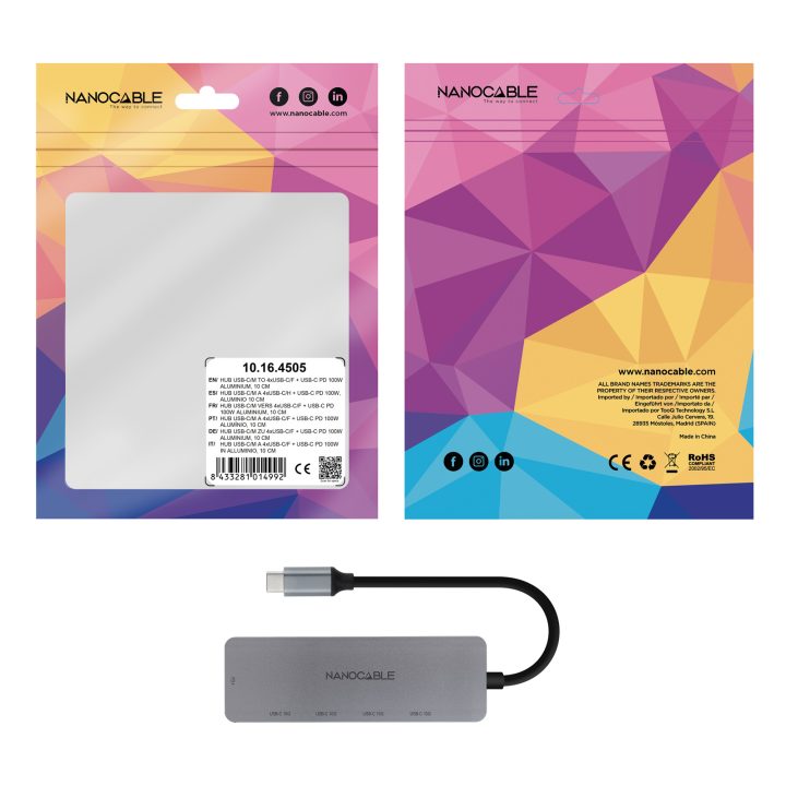 Nanocable Hub USB-C macho a 4 x USB-C hembra + USB-C PD 100W…