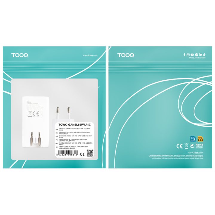 TooQ Carregador de viagem Tipo C e Tipo A, GaN 65W, USB-C/PD +…