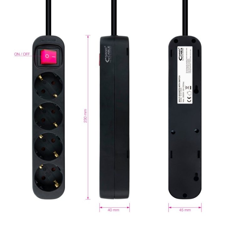 Nanocable 4-Outlet Power Strip with Switch, 1.4 meters Black