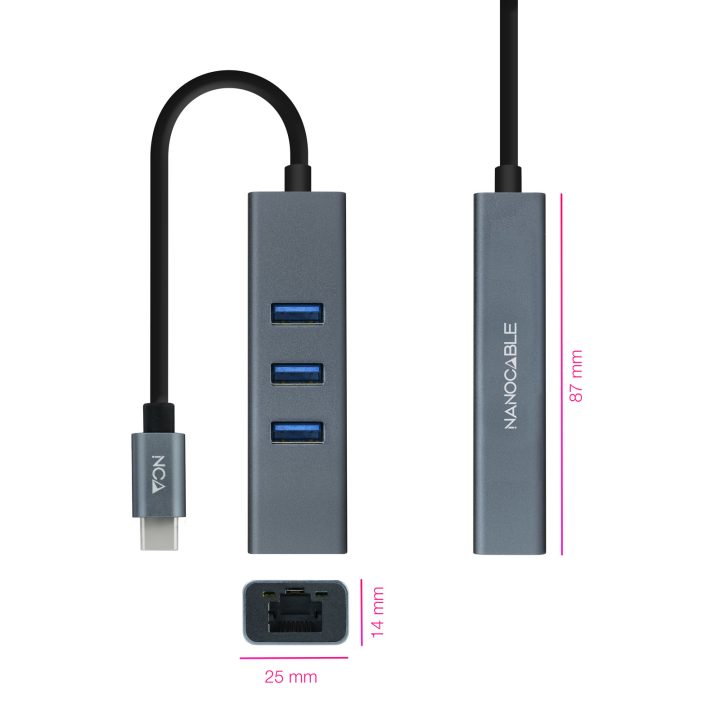 Nanocable USB-C to Gigabit Ethernet + 3XUSB 3.0 Converter, Aluminum…