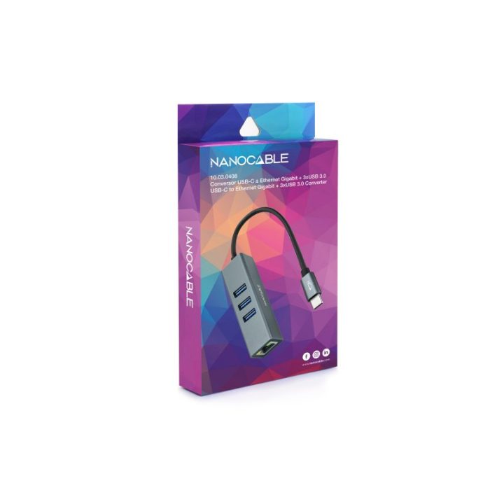 Nanocable Conversor USB-C para Ethernet Gigabit + 3XUSB 3.0…
