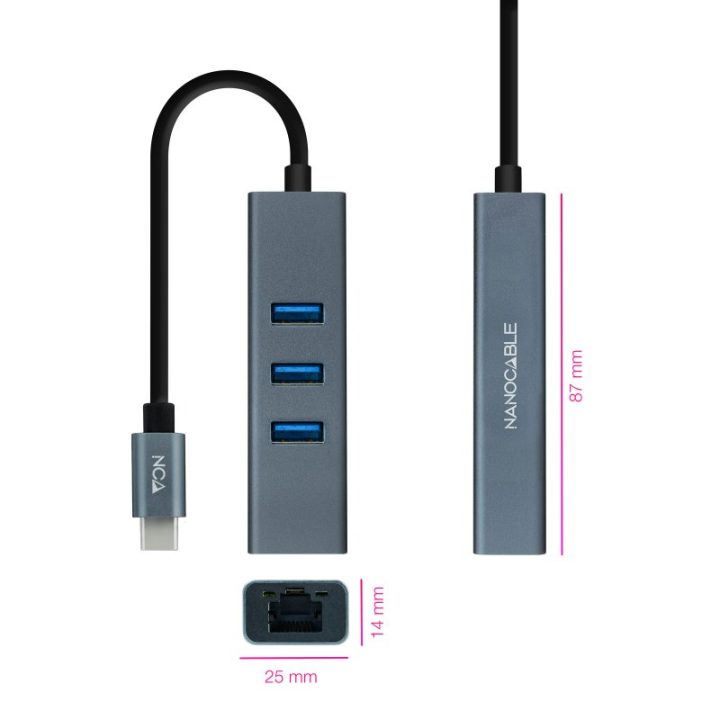 Nanocable Conversor USB-C a Ethernet Gigabit + 3XUSB 3.0, Aluminio…
