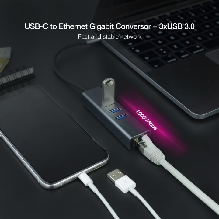 Nanocable USB-C to Gigabit Ethernet + 3XUSB 3.0 Converter, Aluminum…
