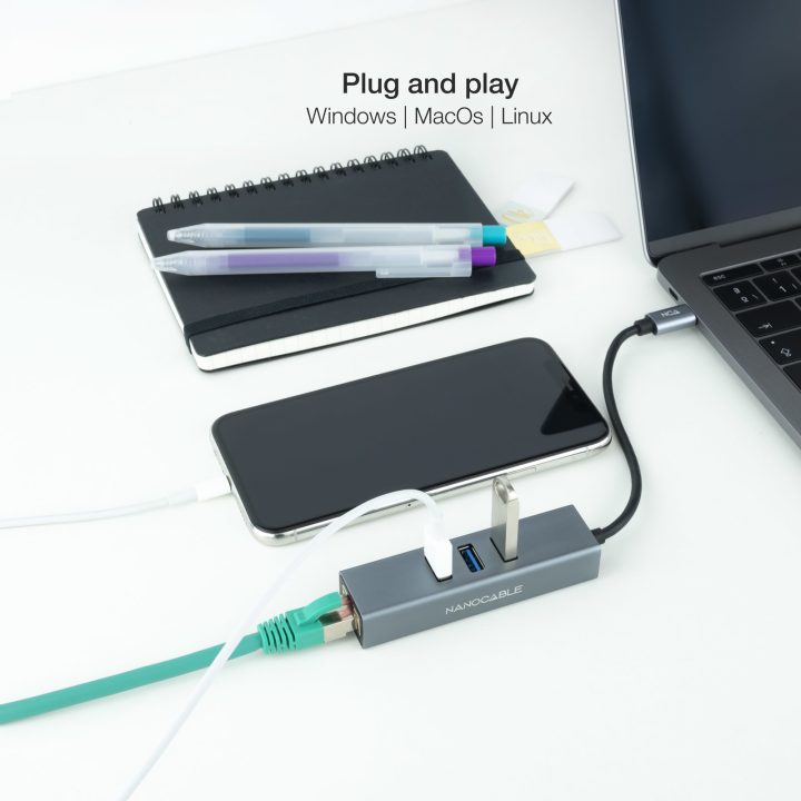 Nanocable USB-C to Gigabit Ethernet + 3XUSB 3.0 Converter, Aluminum…