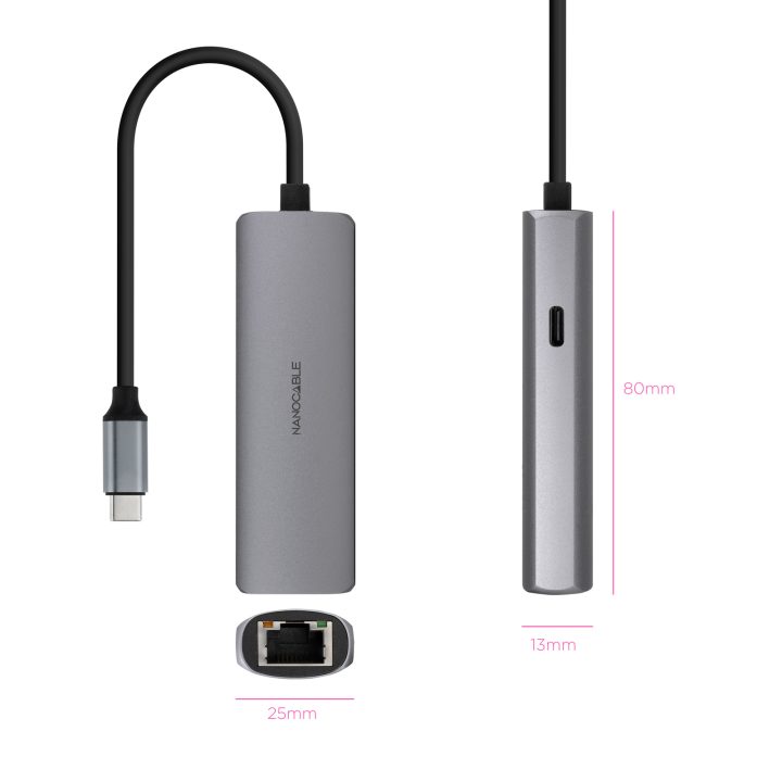 Nanocable USB-C 3.1 to RJ45 Adapter, with 100W PD, USB-C/M, Aluminum…