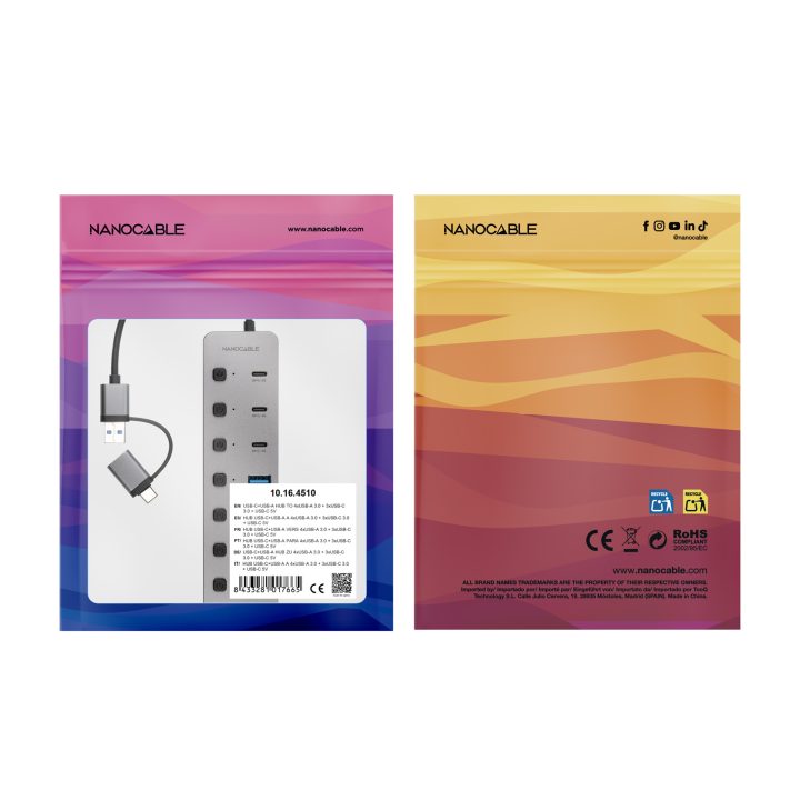 Nanocable USB-C+USB-A/M to 4xUSB-A + 3xUSB-C 3.0 + USB-C 5V Hub