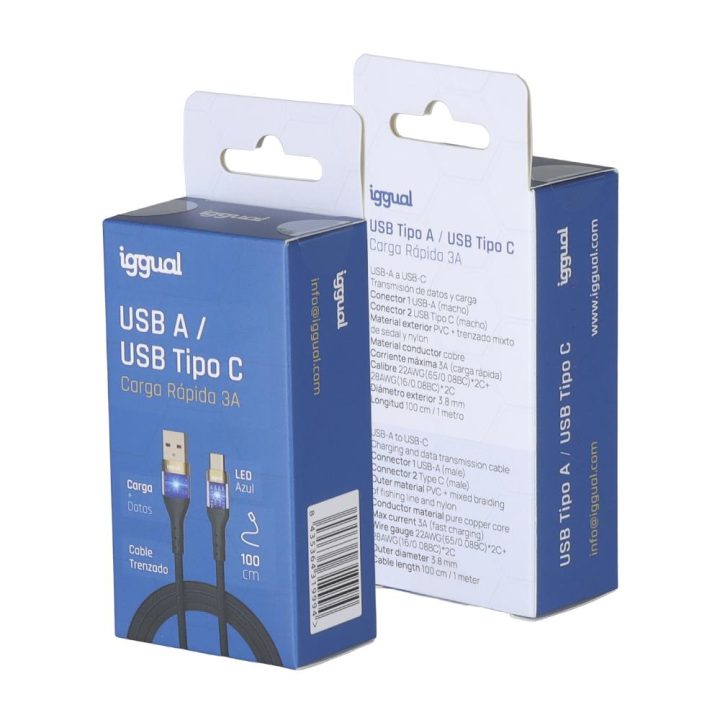 iggual USB-A to USB-C Cable 3A 100 cm Braided LED