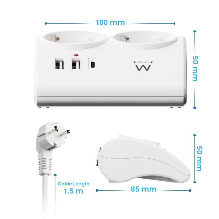 Ewent EW3870 base múltiple 1,5 m 3 saídas AC Interior Branco
