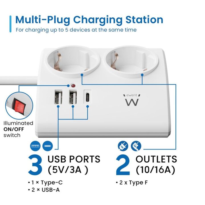 Ewent EW3870 Power Strip 1.5 m 3 AC Outlets Indoor White