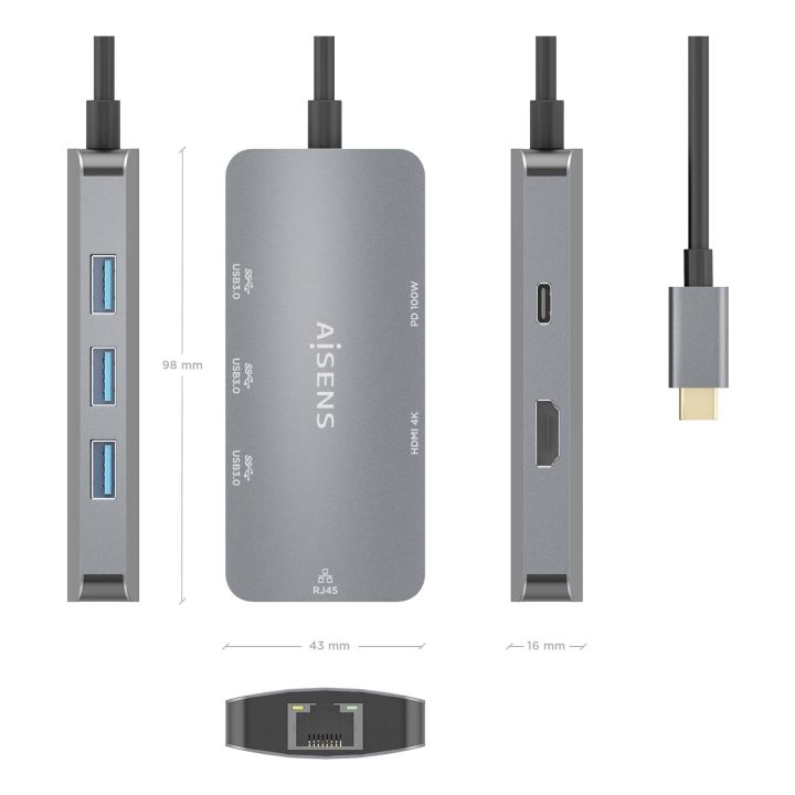 AISENS USB-C Dock 6 En 1, USB-C a 1xHDMI, 1xRJ45, 3xUSB-A, 1xUSB-C…