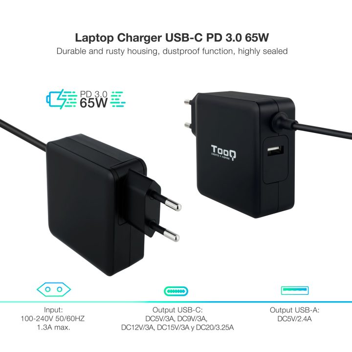 TooQ TQLC-USBC65PD adaptador e inversor de corrente Interior 65 W…