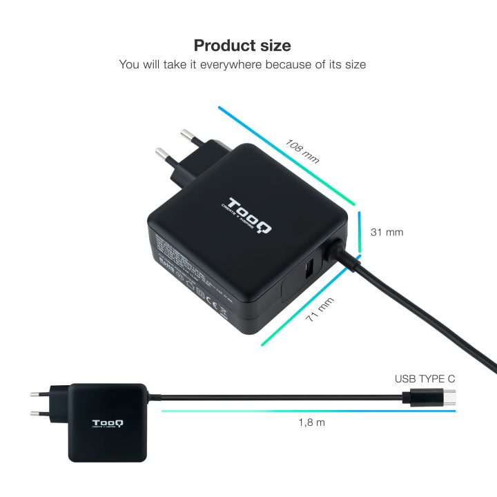 TooQ TQLC-USBC65PD Power Adapter and Inverter Indoor 65 W Black