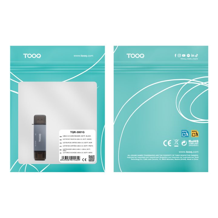 TooQ SD + TF Card Reader, with USB-C 3.0 + USB A Inputs, Gray