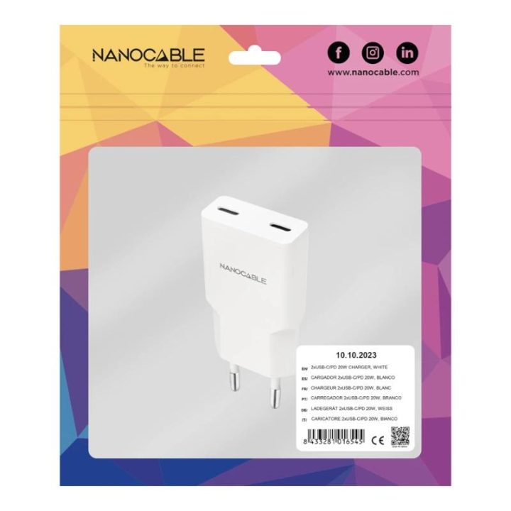 Nanocable 2xUSB-C/PD 20W Charger, White