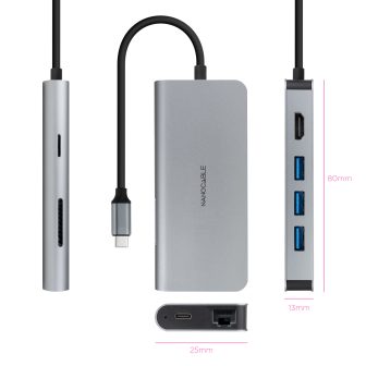 Nanocable 8-in-1 USB-C Hub, USB-C 3.1 to 3xUSB-A 3.0 + HDMI 4K@60Hz +…