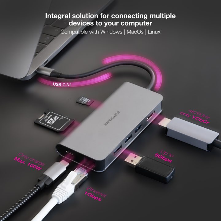 Nanocable Hub USB-C 8 en 1, Conversor USB-C 3.1 a 3xUSB-A 3.0 + HDMI…