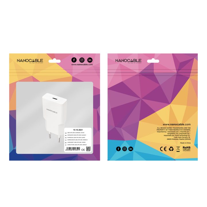 Nanocable Cargador USB-C/PD 20W, Blanco