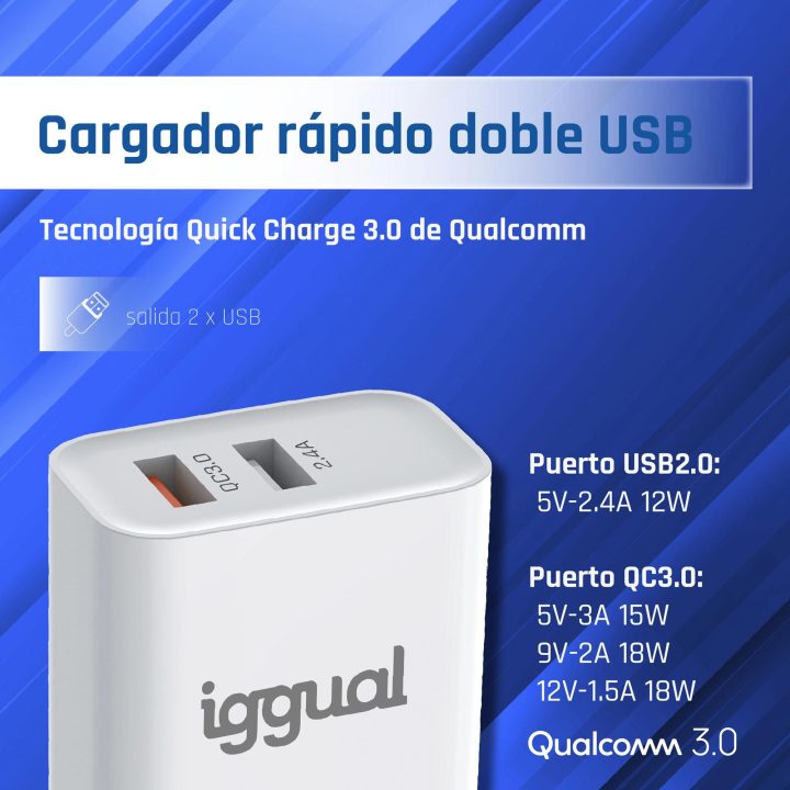 iggual Dual Charger 2xUSB Fast Charging QC3.0 30W