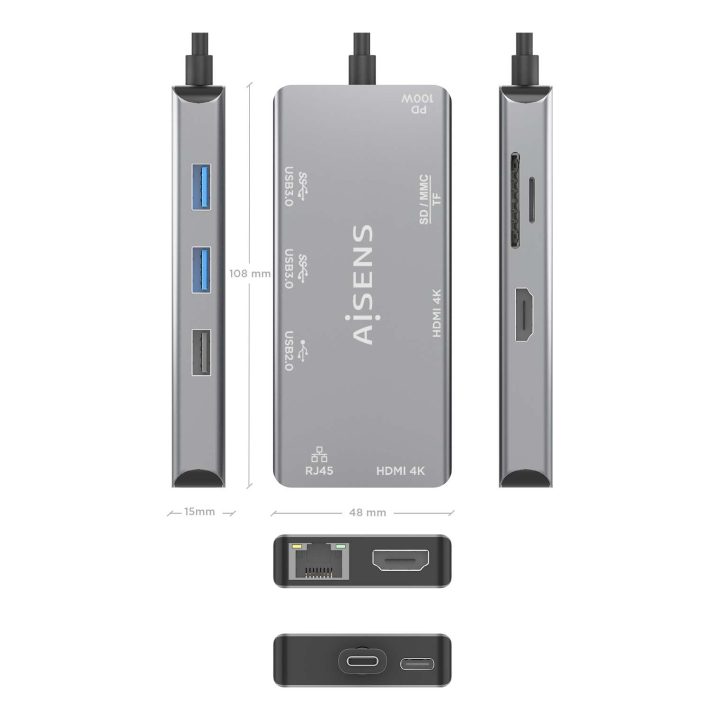 AISENS USB-C Dock 9-in-1, USB-C to 2xHDMI, 1xRJ45, 2xUSB-A USB3.0…