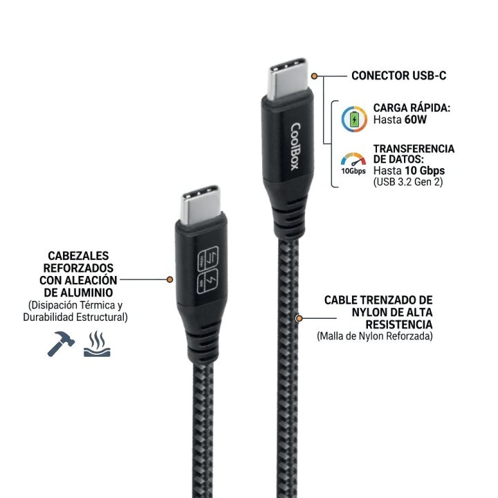CoolBox Braided USB-C/USB-C 3.2 GEN2 10Gbps Data + 60W Fast Charging…