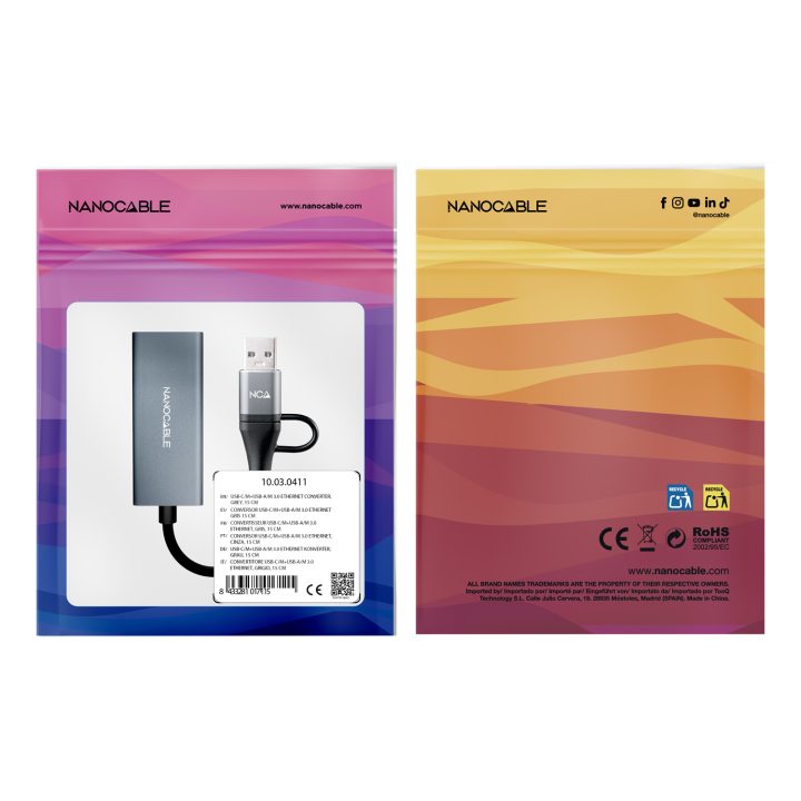 Nanocable Conversor USB-C+USB-A/M 3.0 a Ethernet, Aluminio, Gris, 15…
