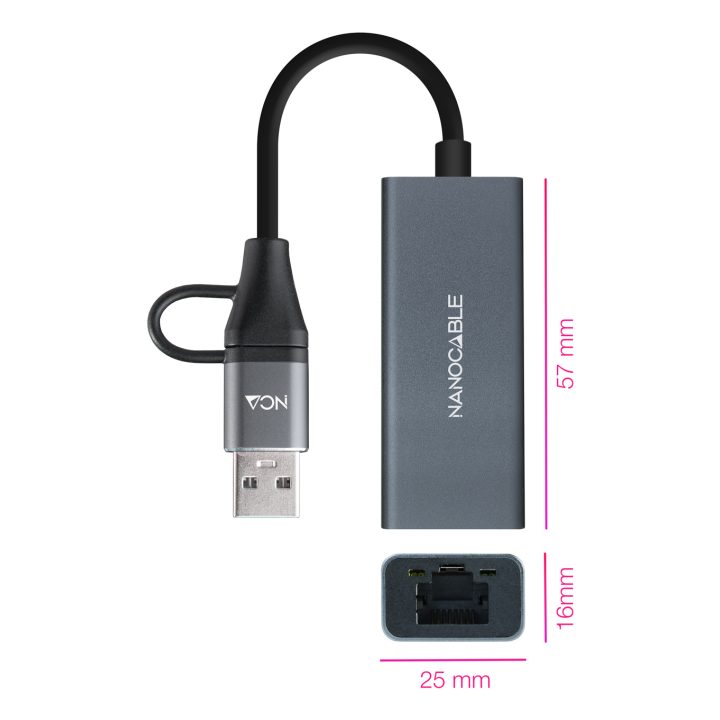 Nanocable Conversor USB-C+USB-A/M 3.0 para Ethernet, Alumínio…