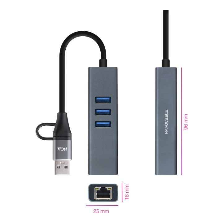Nanocable Conversor USB-C+USB-A/M 3.0 para Ethernet + 3xUSB-A 3.0…