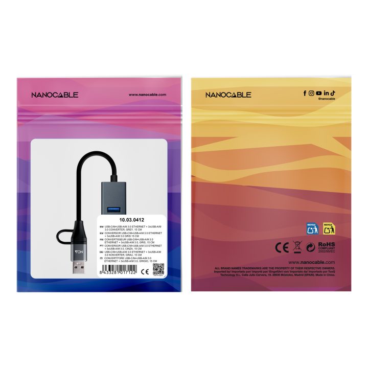 Nanocable Conversor USB-C+USB-A/M 3.0 a Ethernet + 3xUSB-A 3.0…