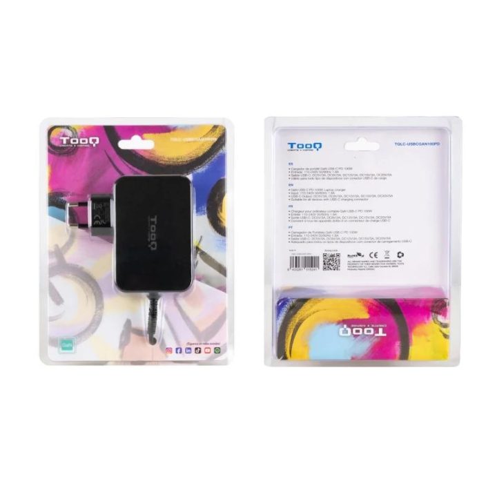 TooQ Carregador de portátil GAN USB-C PD 100W, Preto